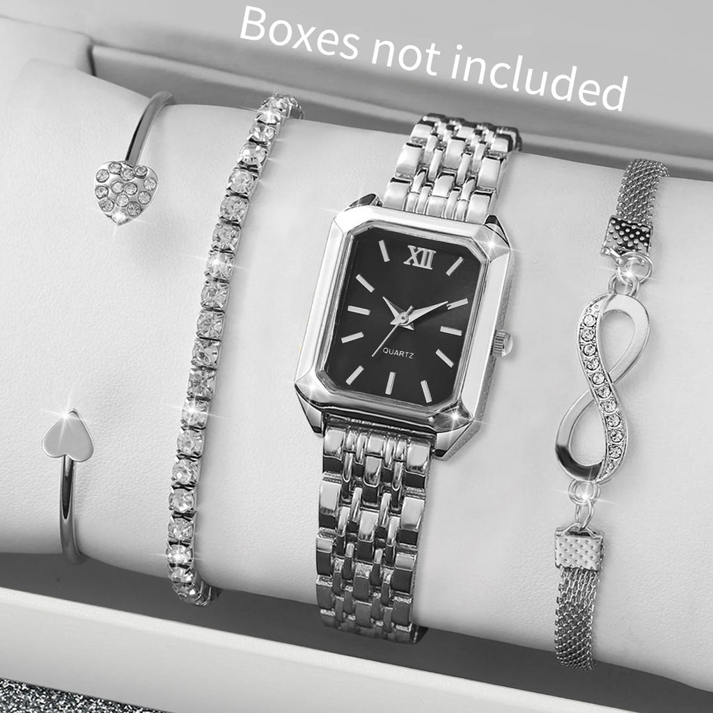 4PCS Fashion Women Watches Rhinestone Bracelets Set Elegant Rectangle Ladies Roma Quartz Wristwatch Reloj Mujer(Without Box)