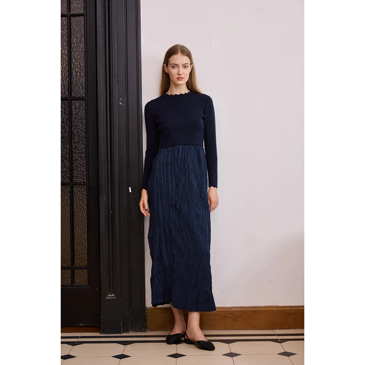 AP 2026 Women Autumn and Winter Crinkle Dress Knitting Patchwork Elegant Lady Maxi Dress