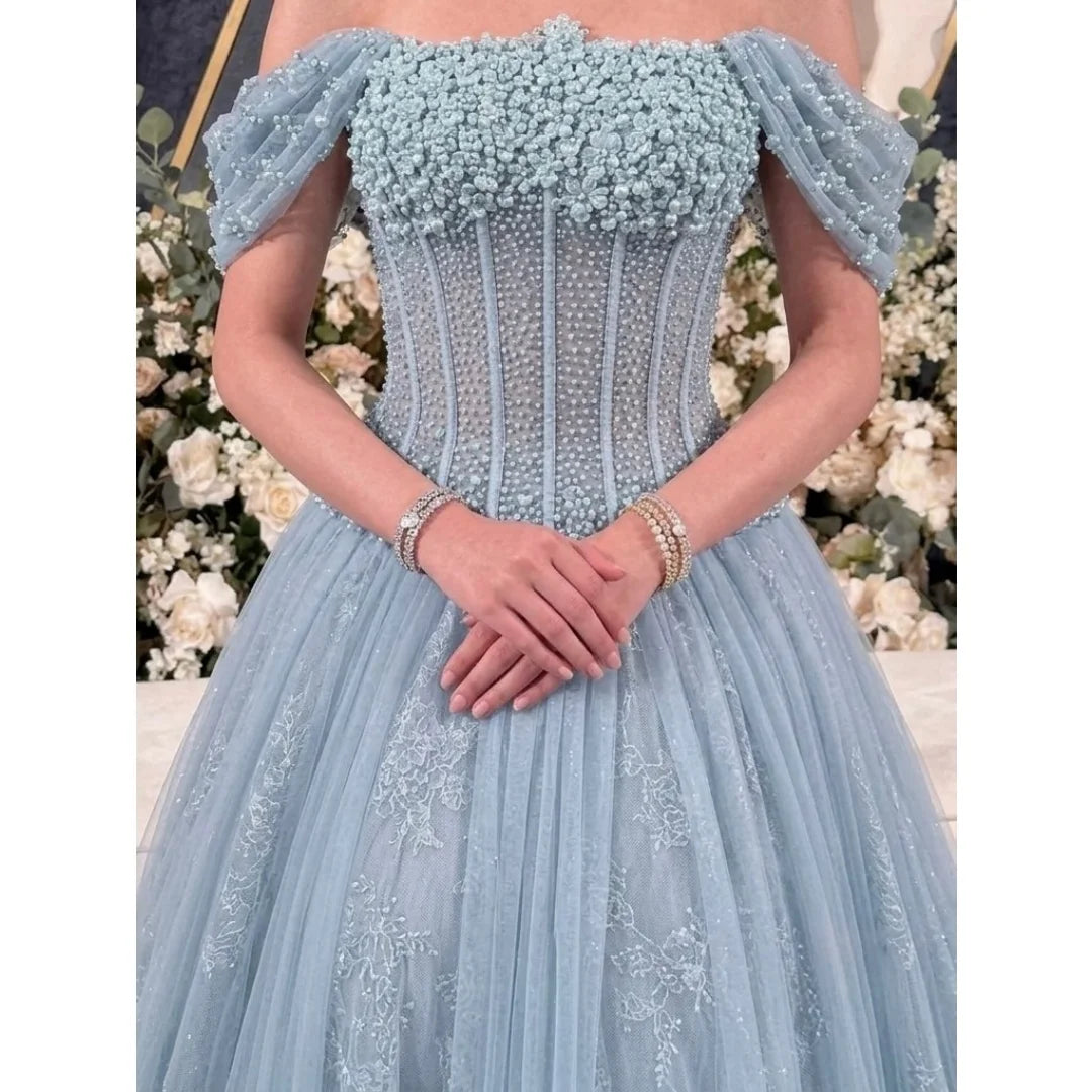 Bella Customized Lace Embroidery Floor-Length Prom Dress 3D Flower vestidos de noche Short Sleeve Crystal Evening Dresses 2026