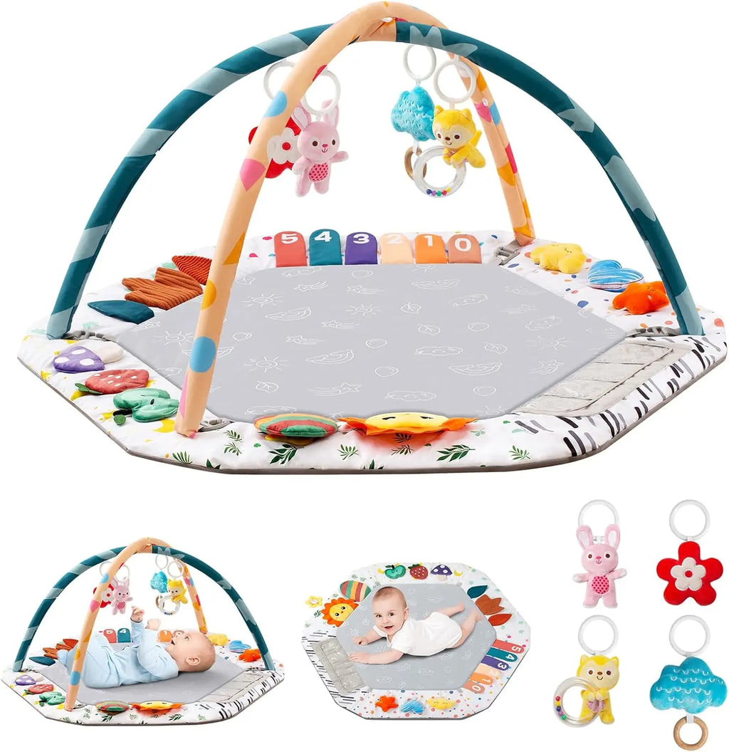 Ultimate Tummy Time Mat for Infants - 6 Educational Play Zones with 4 Hanging Sensory Toys to Boost Motor Skills