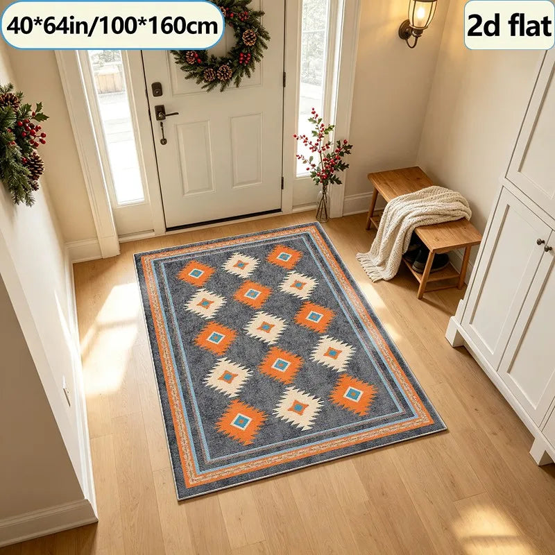 Bohemian Style Southwest Ethnic Style Diamond Geometric Pattern Carpet Square Rug Non-Slip Washable Floor Mat Suitable for Living Room Camping Home