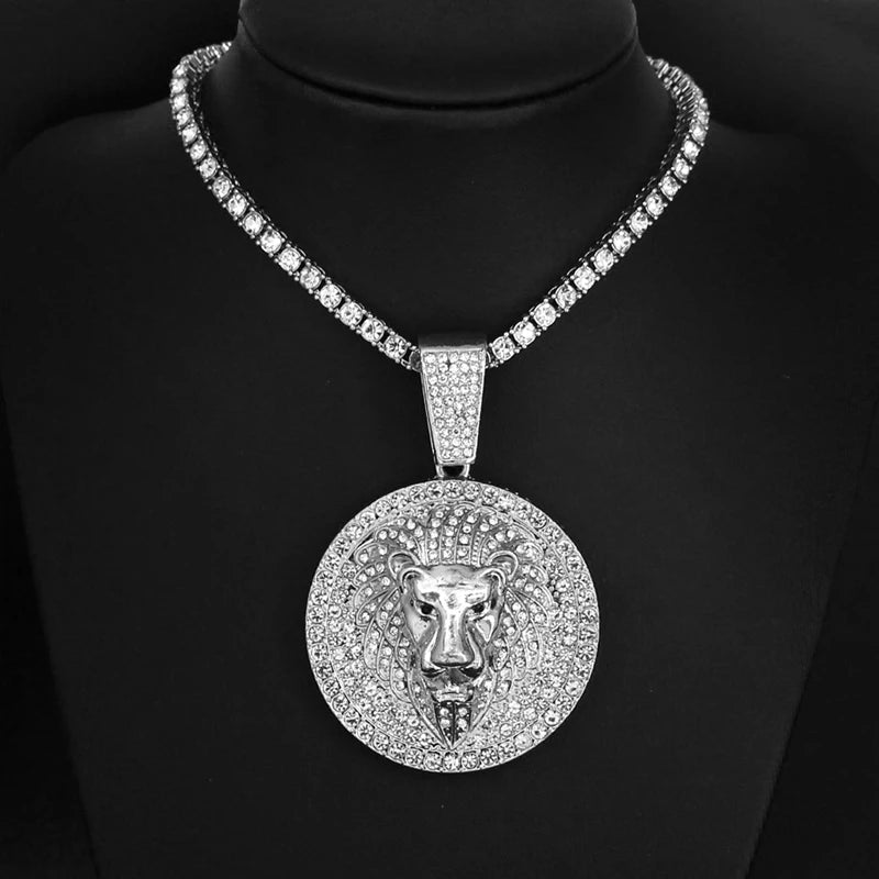Hip Hop Big Lion Head Pendant Necklace Cuban Chain Necklace For Women Men Iced Out Full Rhinestone Necklace Jewelry Gifts
