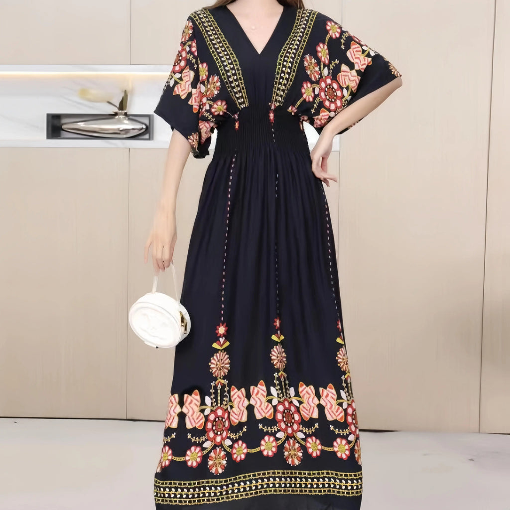 2025 Summer New Casual Elegant Retro Bohemian Style V-neck Elastic Waist Large Swing Printed Long Skirt Autumn Summer Dress