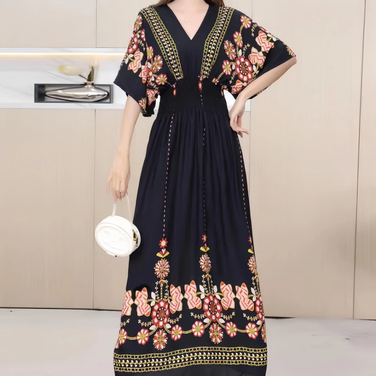 2025 Summer New Casual Elegant Retro Bohemian Style V-neck Elastic Waist Large Swing Printed Long Skirt Autumn Summer Dress