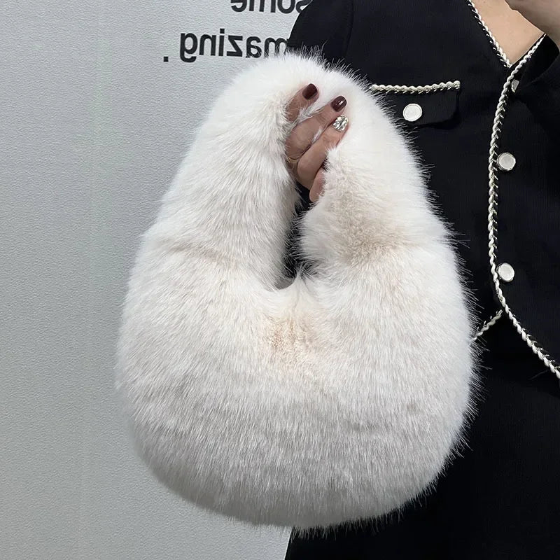 Winter Casual Furry Shoulder Bags for Women Solid Color Soft Plush Ladies Clutch Purse Handbags Lightweight Female Hobos Bag