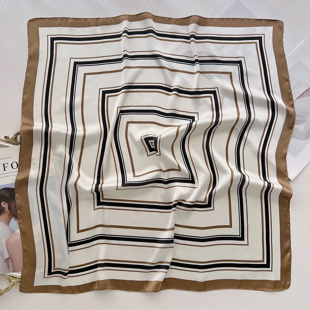 Elegant Geometric Striped Square Scarf for Women Satin Fashion Wraps Neckerchief Female Hair Bands Ribbon Headband Bandana