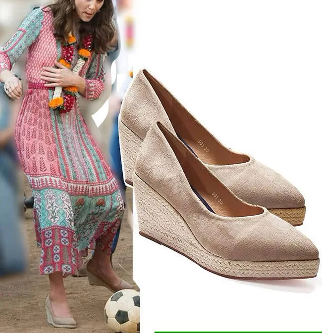 LIHUAMAO Red Suede wedge shoes women pumps pointed toe high heels platform espadrilles shoes princess wedding party