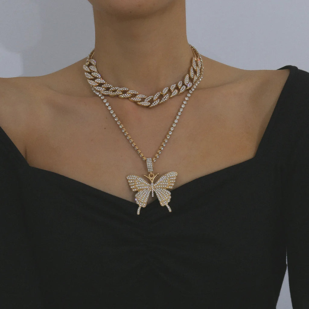Fashion Women Watch Set Gift Box Bracelet Necklace Cuban Chain Butterfly Diamond Bling Jewelry Set Gifts for Women Drop Shipping