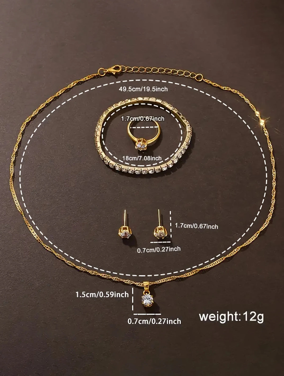 6PCS fashion diamond set rhinestone Ladies gold quartz Steel band Watch with bracelet Ring Necklace Earrings set