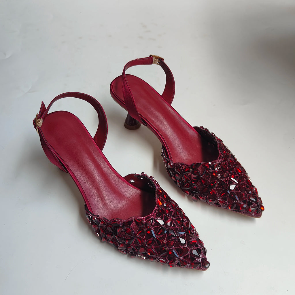 Insightlink Burgundy Rhinestone Slingback Heels Cocktail Glass Clutch Set Crystal Pointed Toe Shoes Bag for Party Wedding