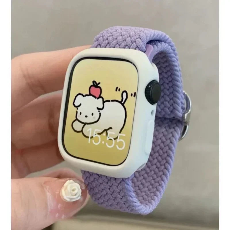 Korean Cute Braied Strap + Case For Apple Watch Band 49mm 41mm 45 44 38 42 Nylon Bracelet For iWatch Series 9 8 7 6 5 4 3 SE 40