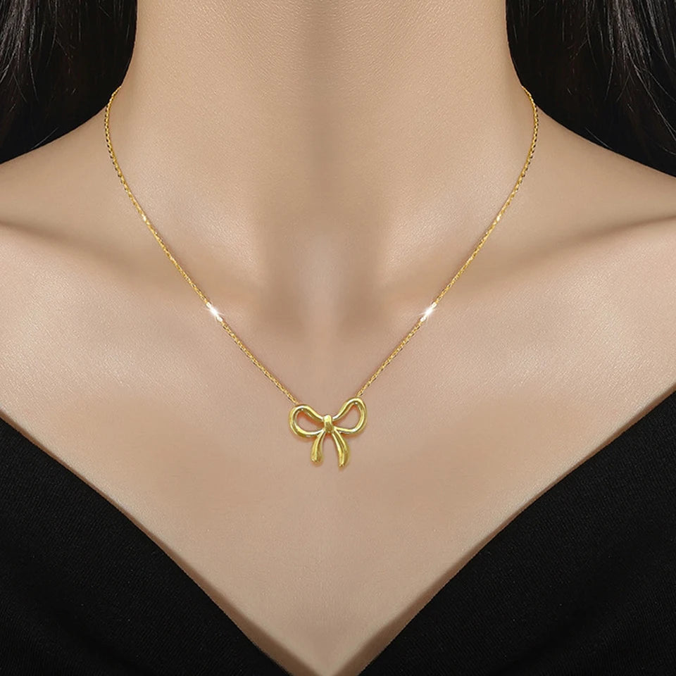Yupsk Simple Korean Fashion Stainless Steel Bowknot Necklace for Women Delicate Bow Tie Charm Choker Necklaces Girls Gift