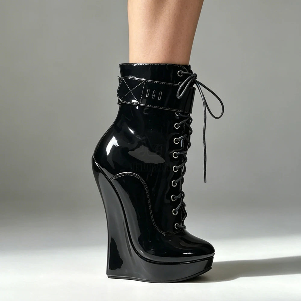 jialuowei Women Sexy Fetish Super High 18cm Super Wedge Heel Pointed Toe Zipper Cross-tied Ankle BALLET Boots Plus Size