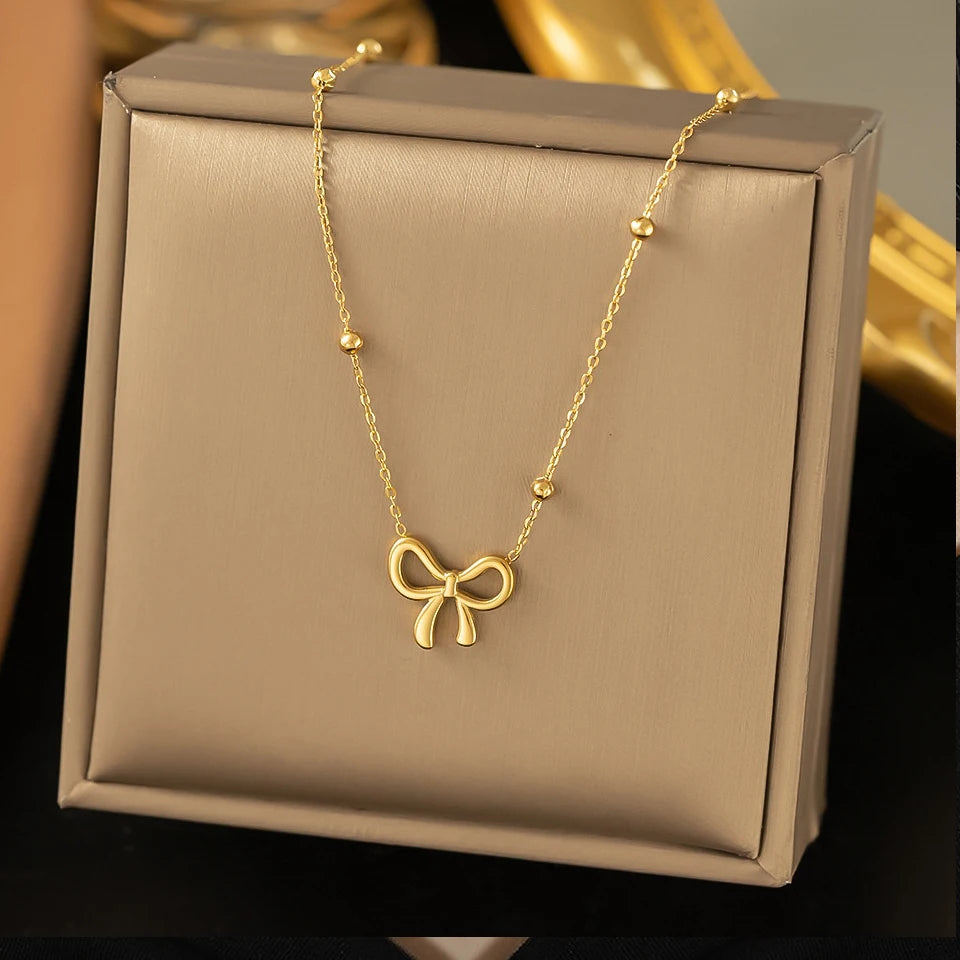 Yupsk Simple Korean Fashion Stainless Steel Bowknot Necklace for Women Delicate Bow Tie Charm Choker Necklaces Girls Gift