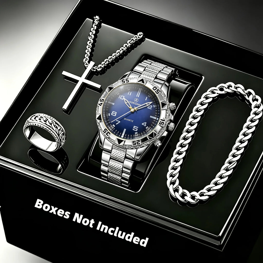 Men's Fashion Business 4-piece Set Quartz Watch with Crucifix Pendant Necklace, Bracelet and Ring Set - Alloy Strap