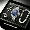 Men's Fashion Business 4-piece Set Quartz Watch with Crucifix Pendant Necklace, Bracelet and Ring Set - Alloy Strap