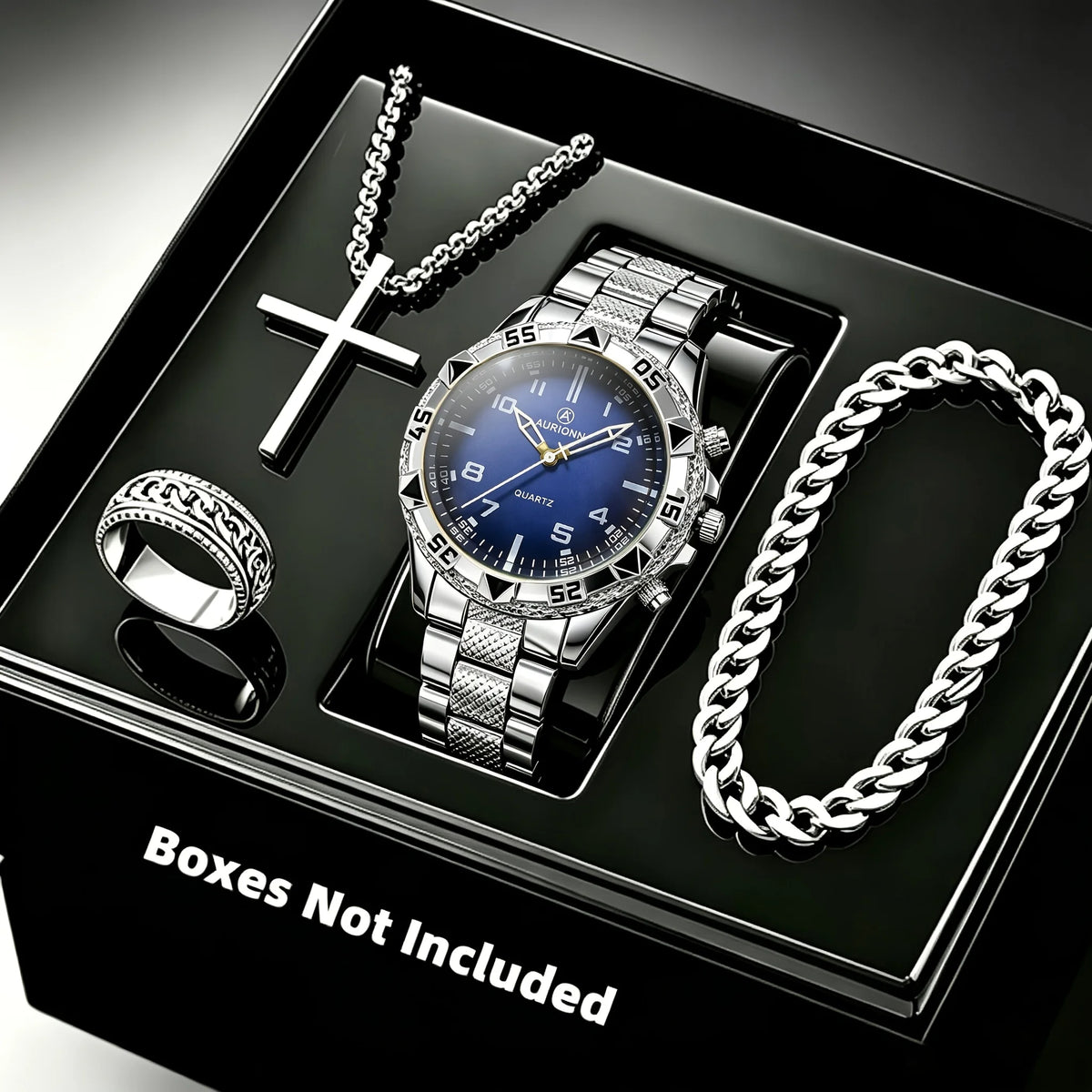 Men's Fashion Business 4-piece Set Quartz Watch with Crucifix Pendant Necklace, Bracelet and Ring Set - Alloy Strap