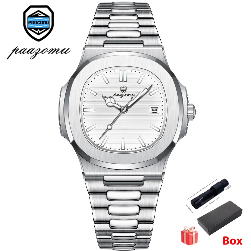 PAAZOMU Top Luxury Military Man Watch Square Waterproof Luminous Date Week Men Watch Stainless Steel Quartz Men's Watches Reloj