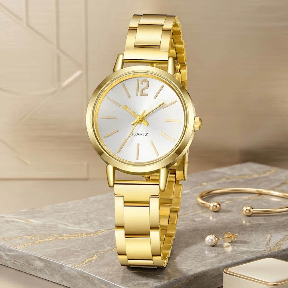 5Pcs/Set Unisex Jewelry Watches Women's Wristwatch Accessories Gold Fashion Business Elegant Trendy Classic Exquisite Simple Trendy Light Luxury Rhinestone Luxury Bracelet Watch Set Y2K Suitable for Travel, Vacation, Parties,
