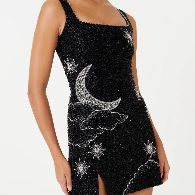 New Fashion Sexy Sleeveless U-neck Embroidered Sequin Slim Fit Slit Spaghetti Strap Dress For Women