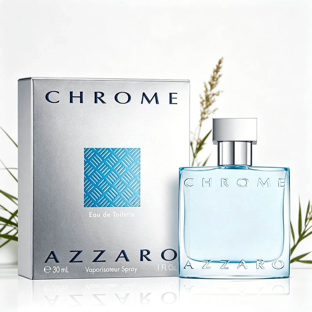 Azzaro Chrome EDT 100ML Perfume For Men Crisp Fresh Aquatic Citrus Marine Woody Aroma Long Lasting Minimalist Clear Light Blue Square Bottle Complete Silver Woven Pattern Box Dating Summer Travel Present