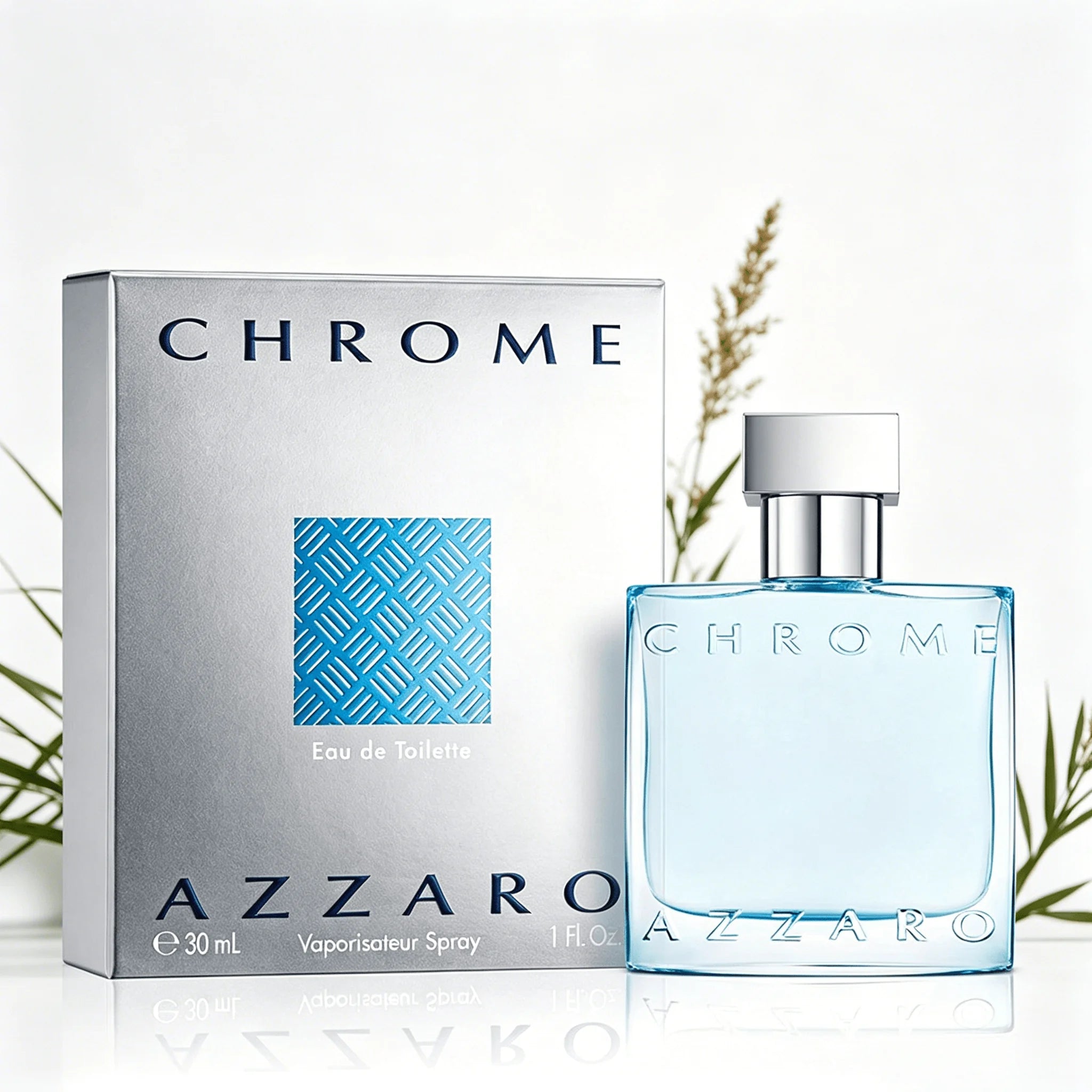 Azzaro Chrome EDT 100ML Perfume For Men Crisp Fresh Aquatic Citrus Marine Woody Aroma Long Lasting Minimalist Clear Light Blue Square Bottle Complete Silver Woven Pattern Box Dating Summer Travel Present