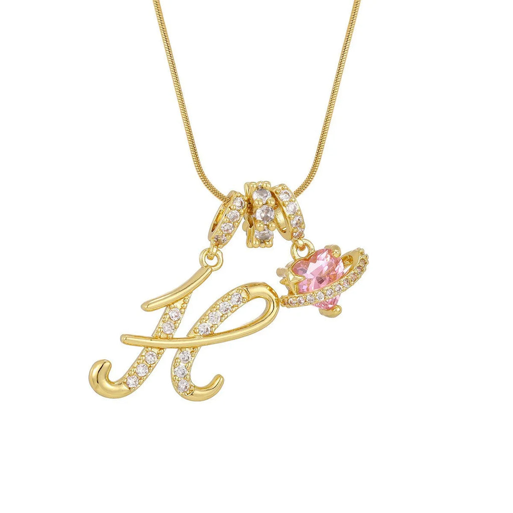 Fashion Letter Necklace Pink for Women  Zircon Heart Pendant Suitable for Personalized Stainless Steel Luxury Jewelry for Girls