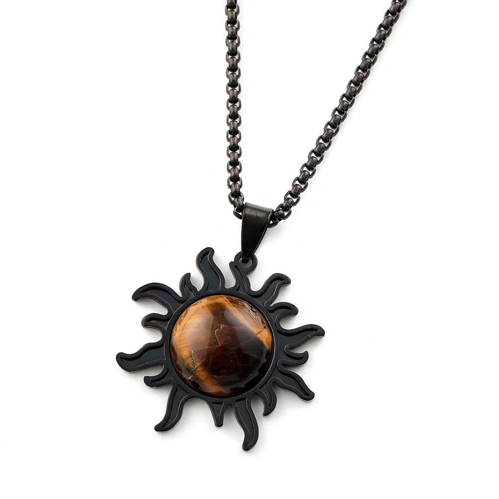 Natural Stone Tiger Eye Charm Sun Pendant Necklace Gold Color Stainless Steel Neck Chain Necklaces For Women Jewelry Accessories