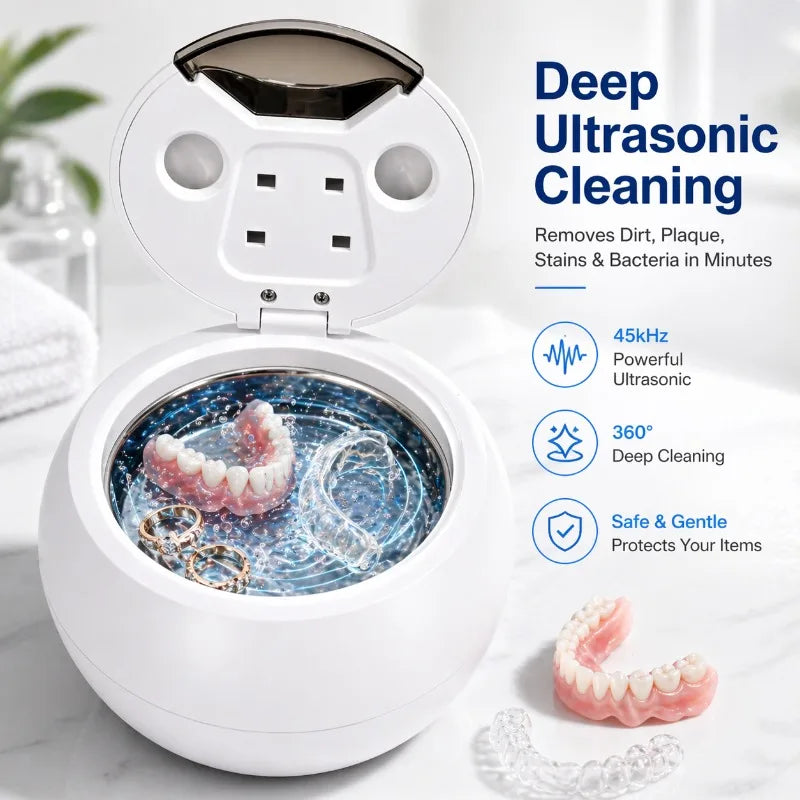 Dental Cleaning Pod 45kHz Ultrasonic Retainer UV Cleaner Machine Digital Timer 2 Modes 200ML Capacity for Dentures Mouth Guards