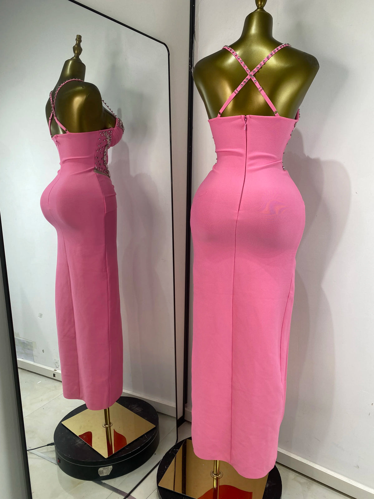 Women Luxury Pink Bandage Dress Spaghetti Strap V Neck Crystale Pleated Open Leg Long Birthday Celebrity Evening Party Dresses