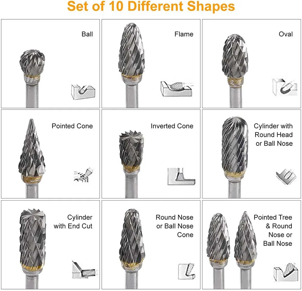 1/8" Shank 1/4" Head Length Tungsten Steel Rotary Carbide Burr Set  for Woodworking Drilling Metal Carving Engraving Polishing