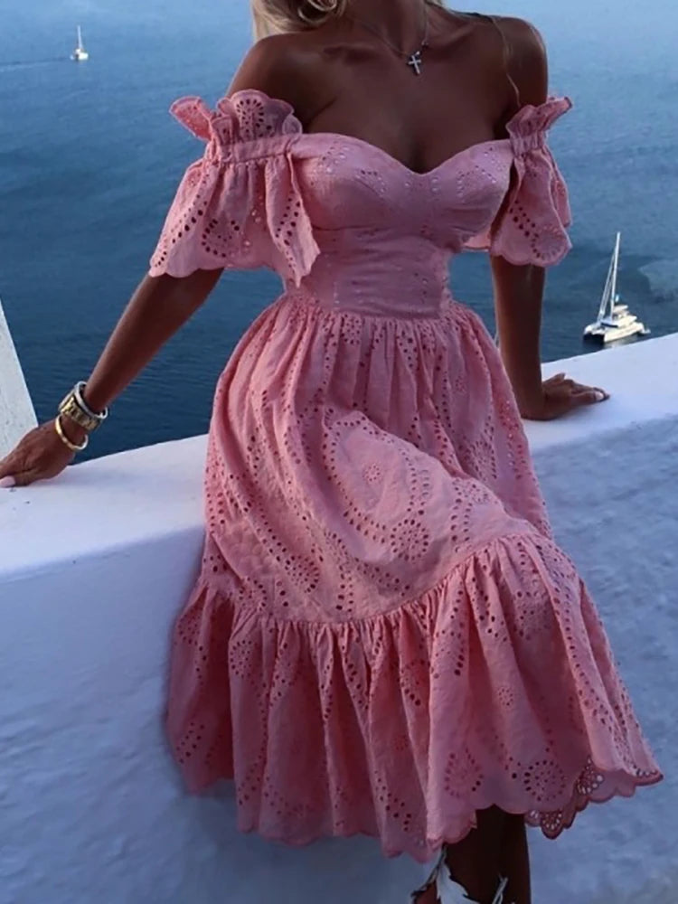 Women Sexy Off Shoulder Lace Long Dress Solid Ruffle Cutout Boho Casual Holiday Beach Elegant Party Dresses  Summer платье