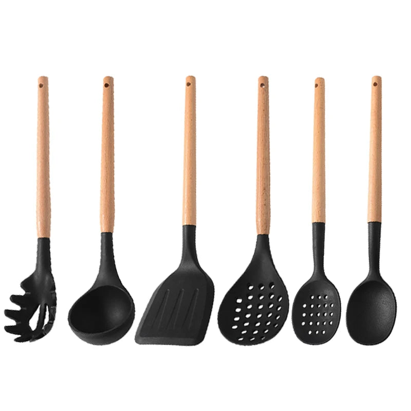 White Silicone Wooden Handle Soup Spoon Spatula Brush Scraper Pasta Egg Beater Non-stick Kitchen Cooking Tools Kitchenware