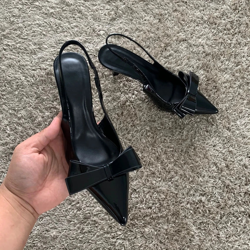 Women Black Bow High Heels Slingback Pointed toe Heeled for Woman Pumps Wedding Butterfly High heels Ladies Office Modern Heels