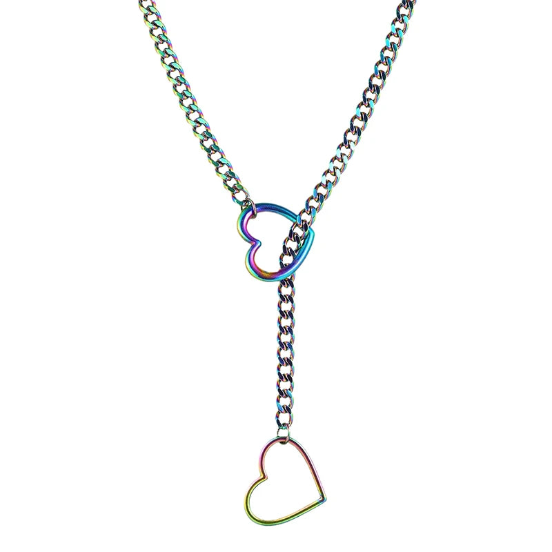 Heart O-ring Slip Chain For Women Punk Rock Necklace Stainless Steel Cuban Long Necklace Trendy Simple Adjustable Y-Necklace