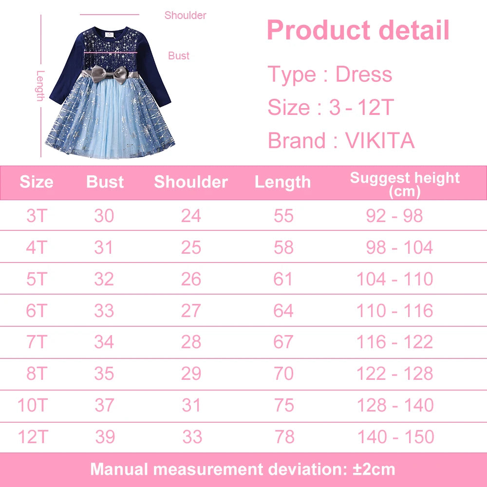 VIKITA Christmas Dress for Girls Sequins Princess Dresses Kids Lace Mesh Ball Gown Elegant Vestidos Girls New Year Blue Dress
