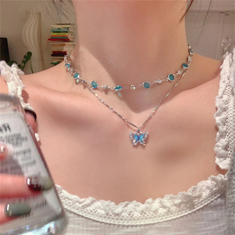 Romantic Blue Crystal Butterfly Necklace for Women Girls Bilayer Choker Clavicle Chain Fashion Delicate Zircon Sparkling Pendant