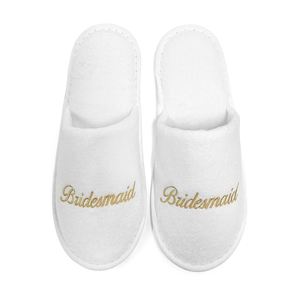 Bridal Party Slippers Set, Close-toe With Golden & Pink Embroidery, Lightweight Plush Cozy Flats, Non-slip Soft Sole For Bride