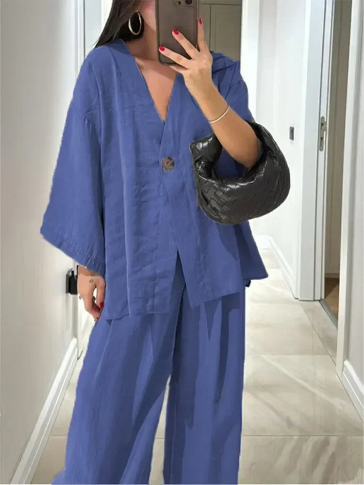 Cozy Cotton Linen Women's 2 Piece Set Casual V Neck Single Button Shirt Wide Leg Pants Suit Lady Summer Commute Streetwear 2025