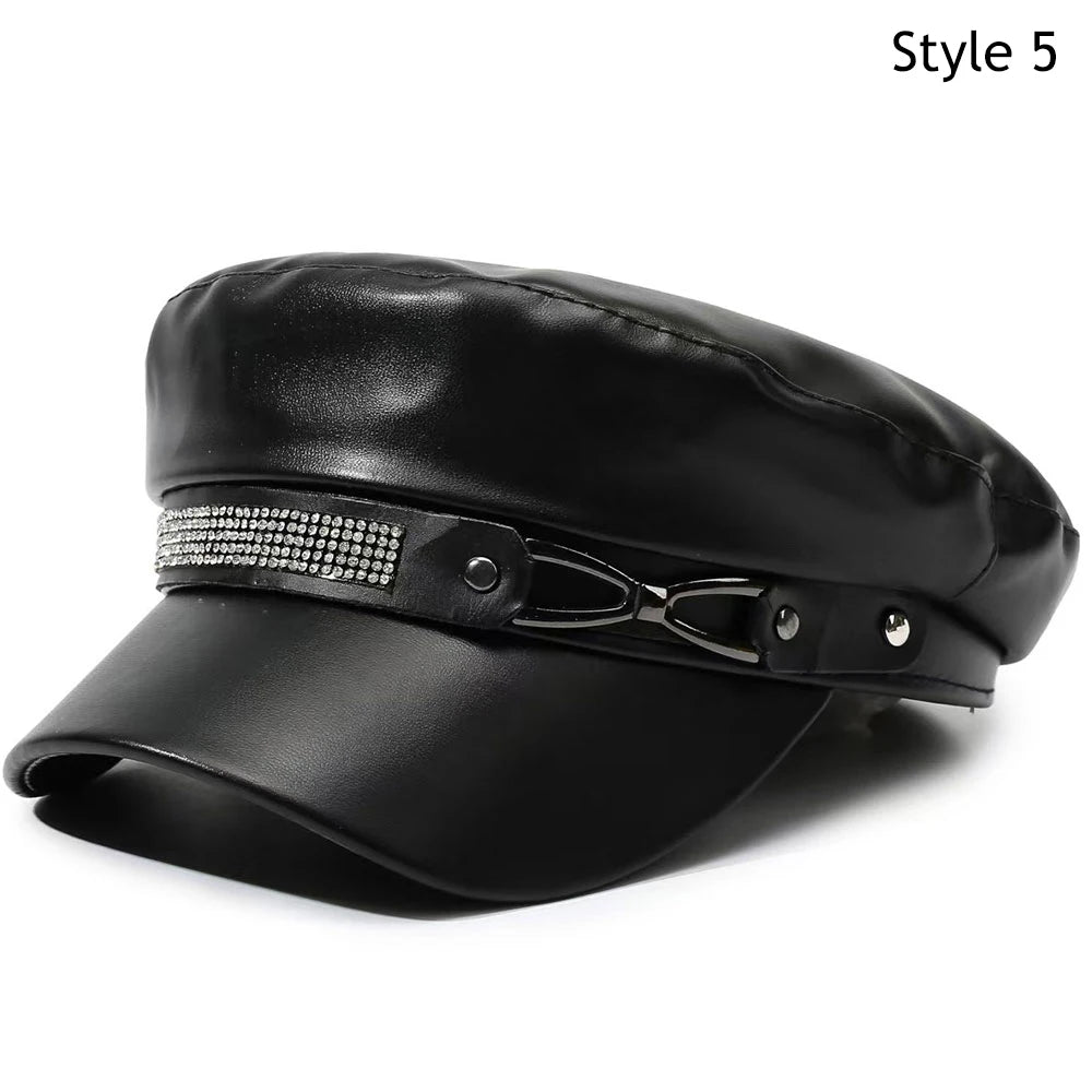 New PU Leather Beret Hat Autumn And Winter Versatile Beret Retro Flat Top Visor Adjustable Black Painter Hat Octagonal Cap