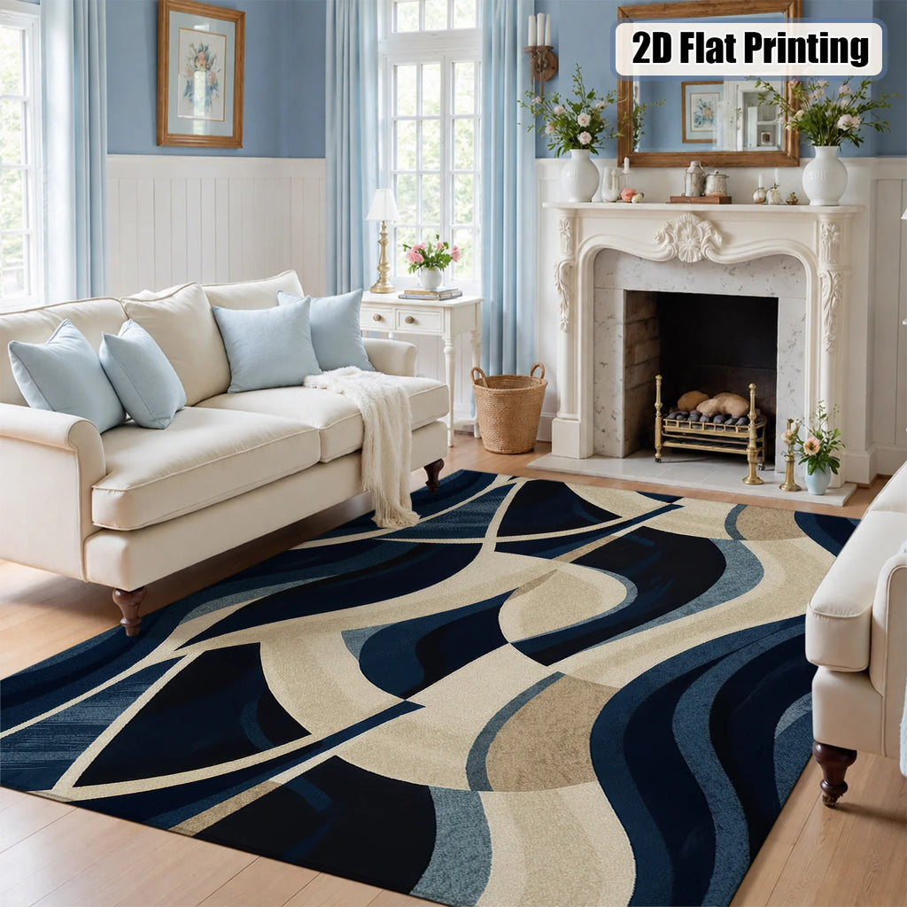 Large Indoor Area Rug, Soft Velvet Low Pile, Non-slip Dotted Backing, Machine Washable, Abstract Wavy Navy & Beige Pattern for Living Room and Bedroom