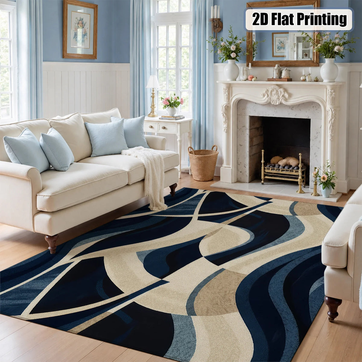 Large Indoor Area Rug, Soft Velvet Low Pile, Non-slip Dotted Backing, Machine Washable, Abstract Wavy Navy & Beige Pattern for Living Room and Bedroom