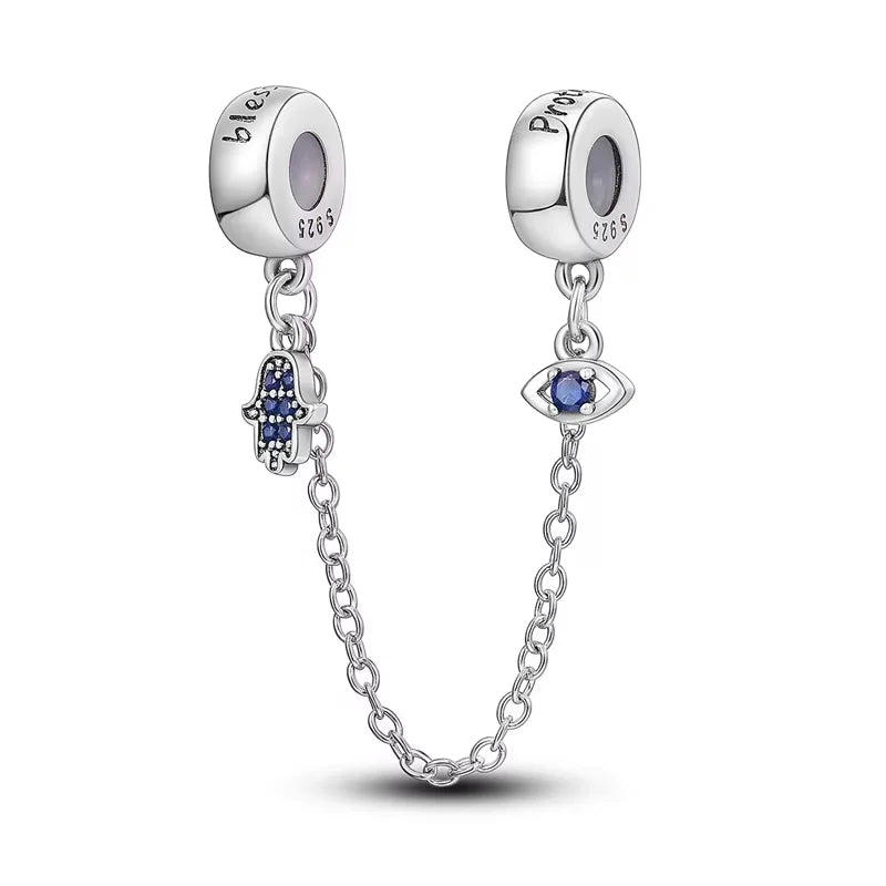 S925 Silver Plated Devil's Eye Guardian Palm Safety Chain Charms Pendants Fit Original Bracelets Fine DIY Birthday Jewelry Gifts