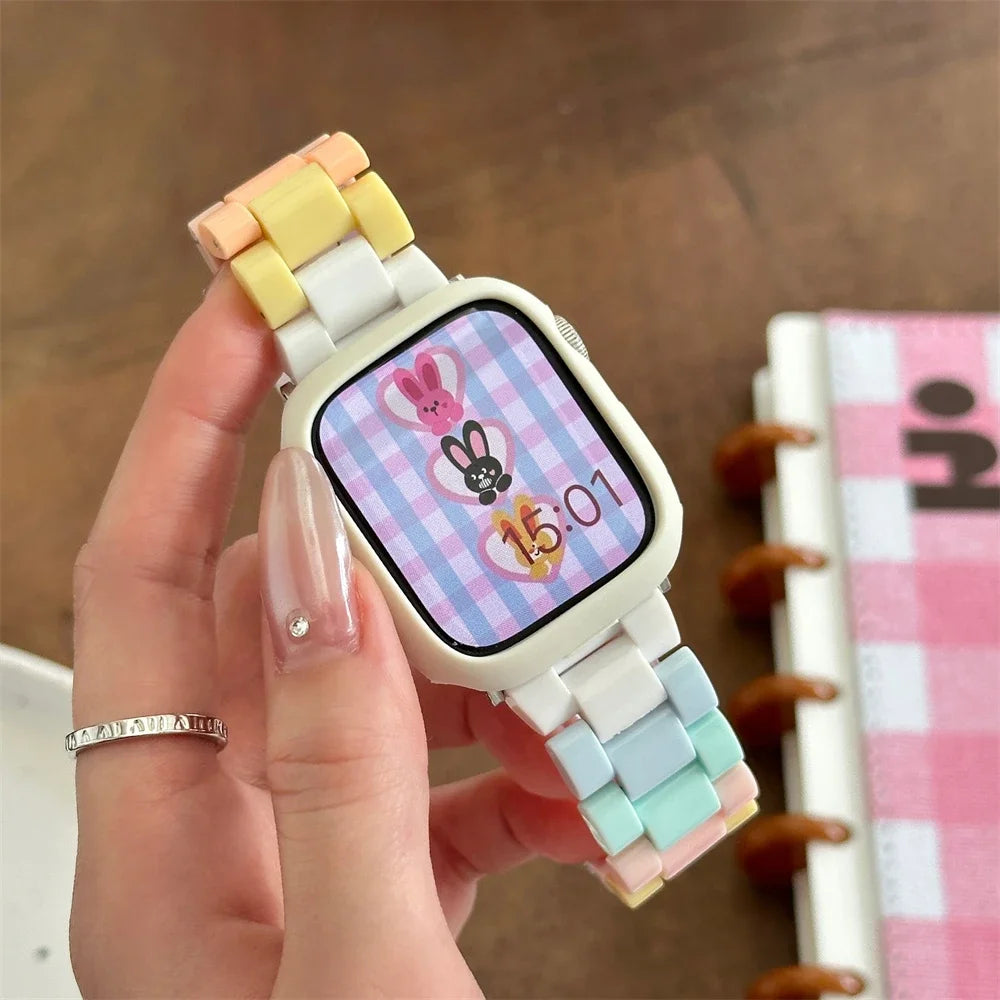 Spring Rainbow Candy Resin Band for Apple Watch Ultra 2 49mm 7 8 9 41 45 40mm 42 44mm Strap Women Bracelet for IWatch 6 SE