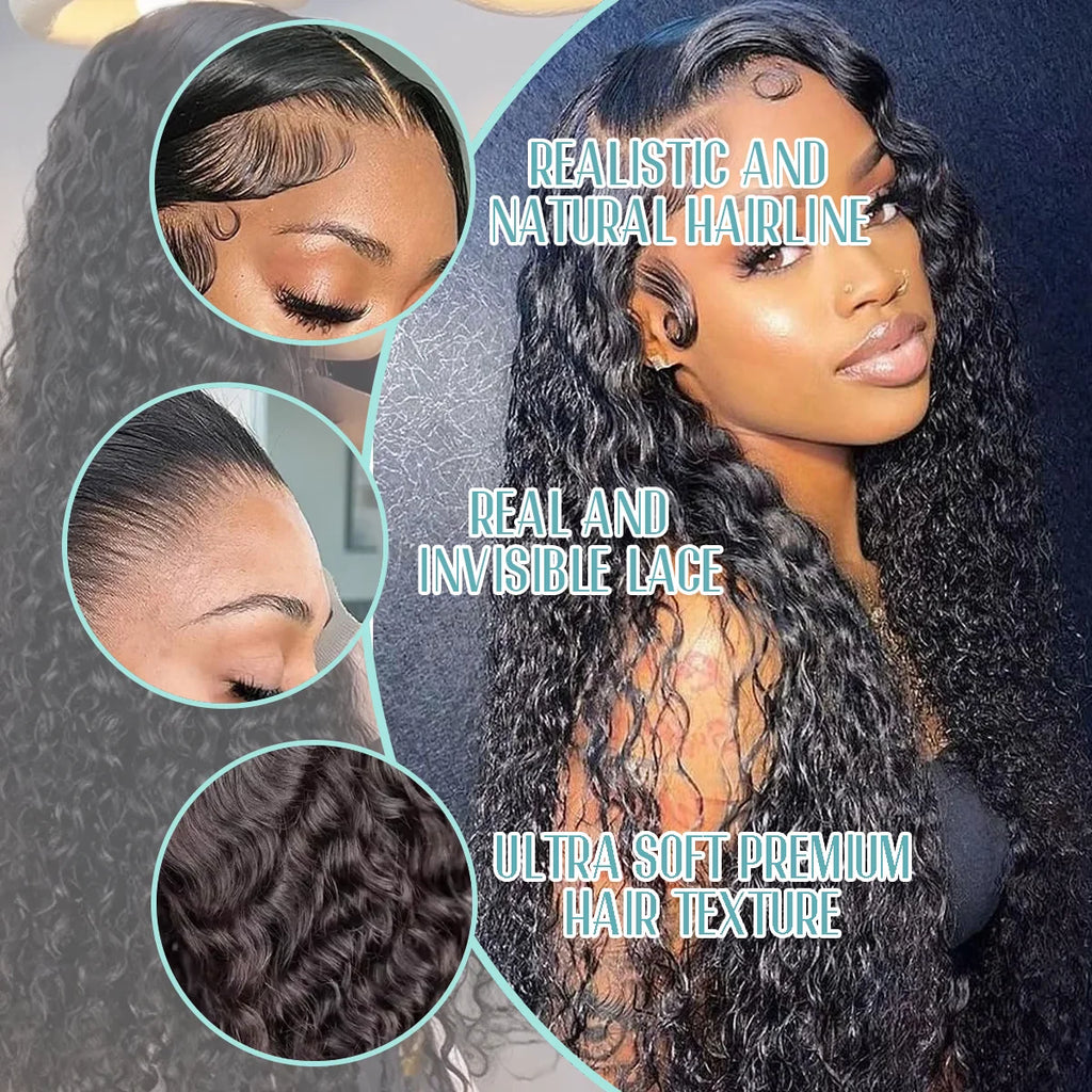 Natural Color Human Hair Wigs Deep Wave 40 Inches 200% Density 360 5x5 Closure 13x6 13x4 HD Transparent Invisible Lace Frontal Wig Black 1B For Women Brazilian Hair Pre Plucked Pre Cut Lace Pre Bleached Knots Pre Styled