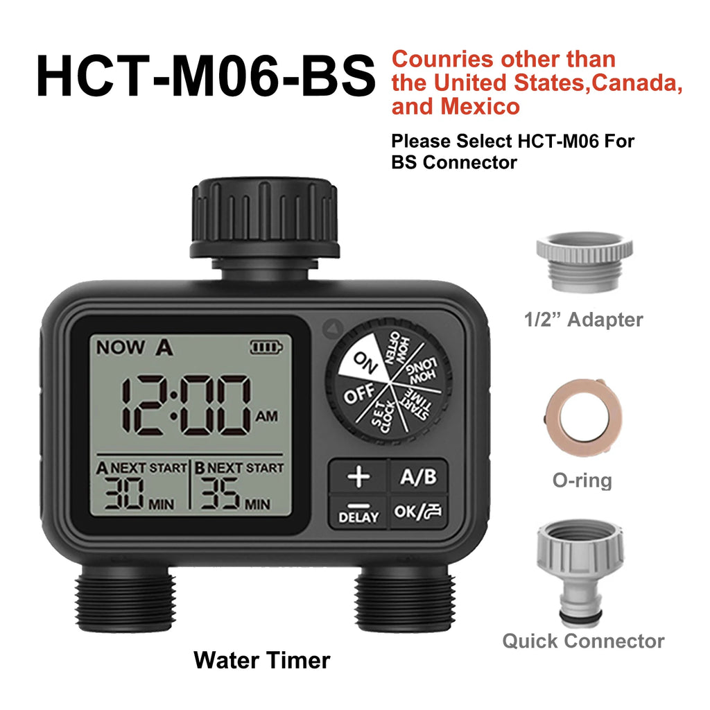 HCT-M06 Eshico 2-Zone Water Timer Automatic/Manual Sprinkler Digital Knob Set Quick Connector Smart Rain Delay Independent Water