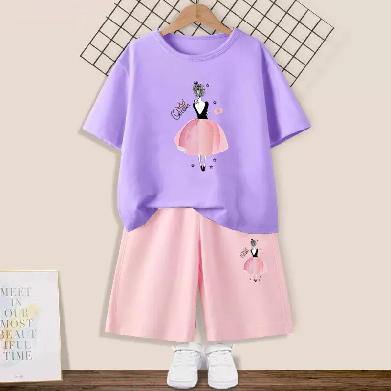 2024 Summer Girls Cotton Clothing Sets Kids Cute Cartoon Butterfly High Heel T-shirt +Shorts 2Pce Suits Childrens Tracksuits