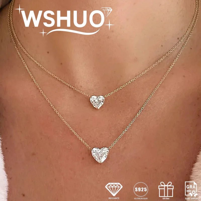 WSHUO 1/2/3ct Heart Cut Moissanite Pendant Necklace S925 Pure Silver Plated 18K Gold Women Necklace jewelry Gift GRA Certified