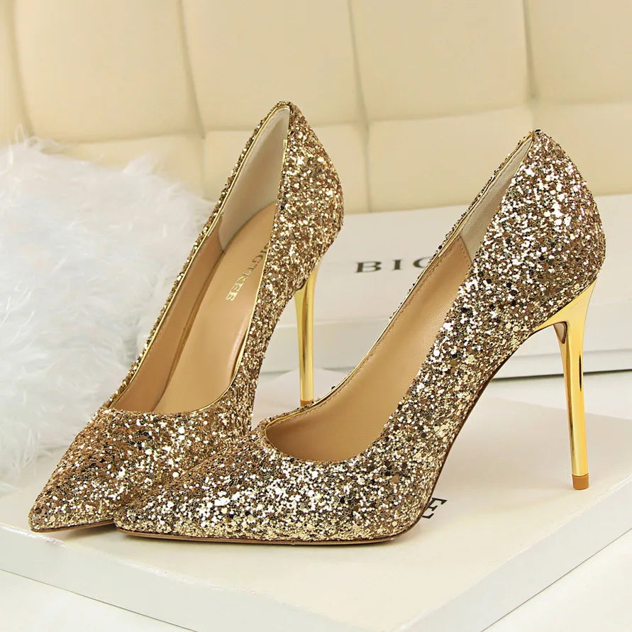 Women 7cm 9.5cm High Heels Bling Pumps Wedding Bridal Scarpins Sparkly Heels Lady Party Sequins Nightclub Evening Gold Red Shoes