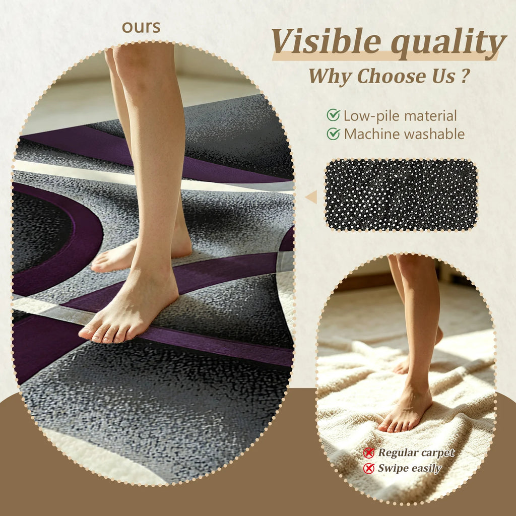 Large Indoor Area Rug, Soft Velvet Low Pile Non-Slip Dotted Backing Machine Washable, Modern Abstract Purple Gray White Swirl Design for Living Room Bedroom